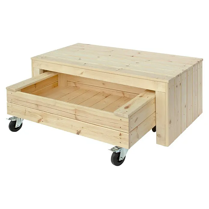 Plus Gartenbank Fun - B x T x H: 120 x 59 x 46 cm, Fichte, Natur - Bild eines hellen Holztisches mit Schublade und Rädern. Der Tisch ist aus unbehandeltem Holz gefertigt und hat eine rustikale Optik.