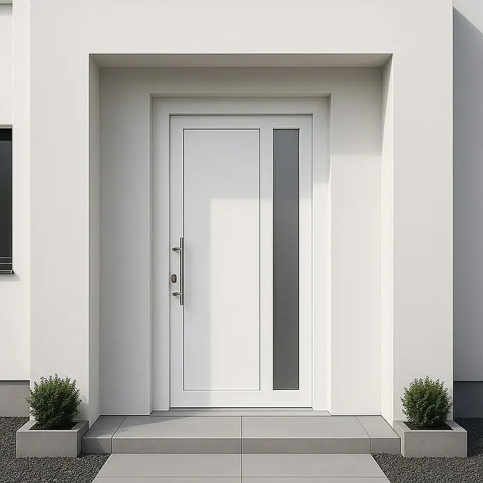 Panto Haustür K 011 - 100 x 200 cm, DIN Anschlag: Links, Weiß - Eine moderne, weiße Haustür mit vertikalem Fenster auf einem hellen Gebäude.