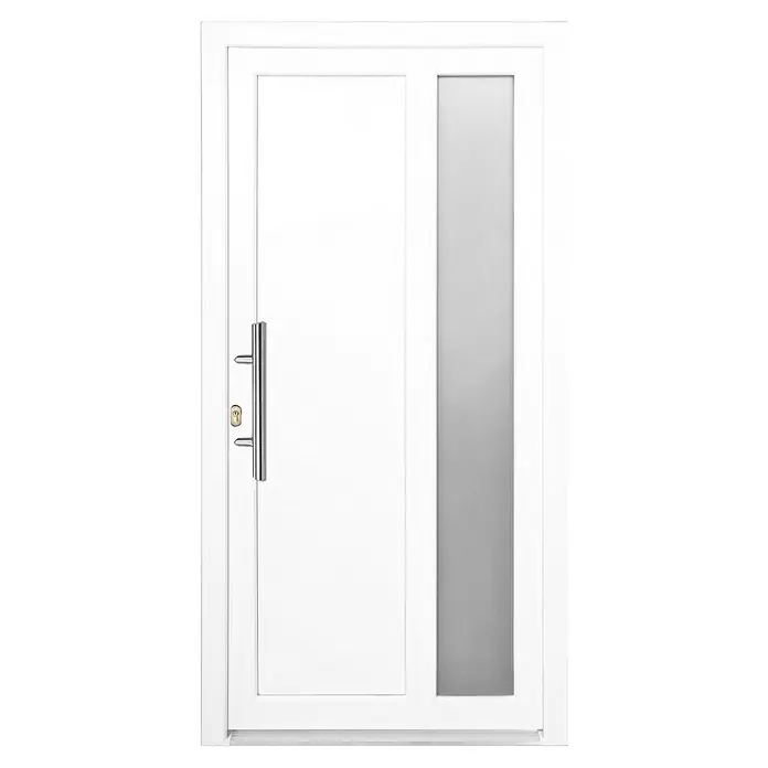 Panto Haustür K 011 - 100 x 200 cm, DIN Anschlag: Links, Weiß - Elegante weiße Haustür mit einem schlanken, modernen Design, inklusive Griff und schmalem Fenster für zusätzlichen Lichteinfall.
