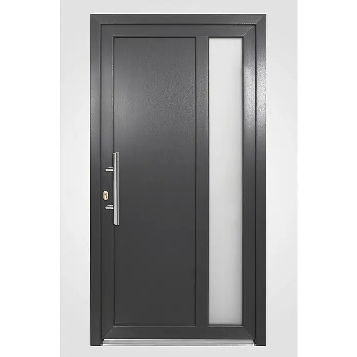 Panto Haustür K 011 - 110 x 210 cm, DIN Anschlag: Links, Anthrazit/Weiß - Graue Haustür mit einem vertikalen Glaseinsatz und einem langen, silbernen Türgriff.