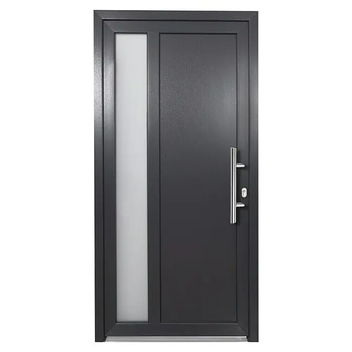 Panto Haustür K 011 - 110 x 210 cm, DIN Anschlag: Rechts, Anthrazit/Weiß - Graue Haustür mit vertikalem Glaseinsatz und Edelstahlgriff, die ein modernes und einladendes Design bietet.