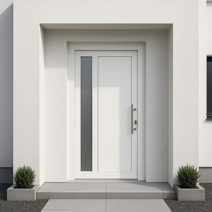 Panto Haustür K 011 - 110 x 210 cm, DIN Anschlag: Rechts, Weiß - Moderne Haustür mit schmalem Glasfenster und Edelstahlgriff in minimalistischer Architektur. Blickfang für jeden Hauseingang.