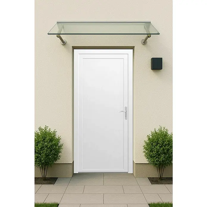 Panto Nebeneingangstür K 500 - 98 x 198 cm, DIN Anschlag: Links, Weiß - Moderne weiße Haustür mit Glasvordach. Zeitgemäßes Design mit klaren Linien, ideal für einen stilvollen Hauseingang.
