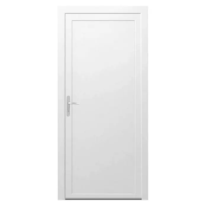 Panto Nebeneingangstür K 500 - 88 x 198 cm, DIN Anschlag: Links, Weiß - Eine moderne, weiße Tür mit einem eleganten silbernen Griff, die sich ideal für ein stilvolles Zuhause eignet. Ihre schlichte Ästhetik wertet jeden Raum auf.