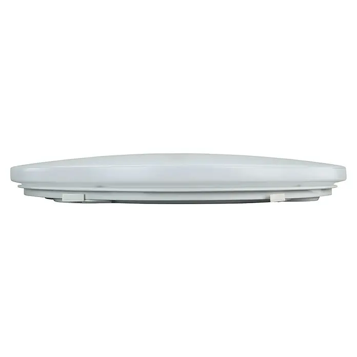 E2 elektro LED-Wand- & Deckenleuchte rund White R - 30 W, Ø x H: 38 x 6,2 cm, Weiß, Warmweiß - Seitenansicht eines runden, weißen Deckenventilators. Elegantes Design für moderne Wohnräume, sorgt für Komfort und stilvolle Kühlung.