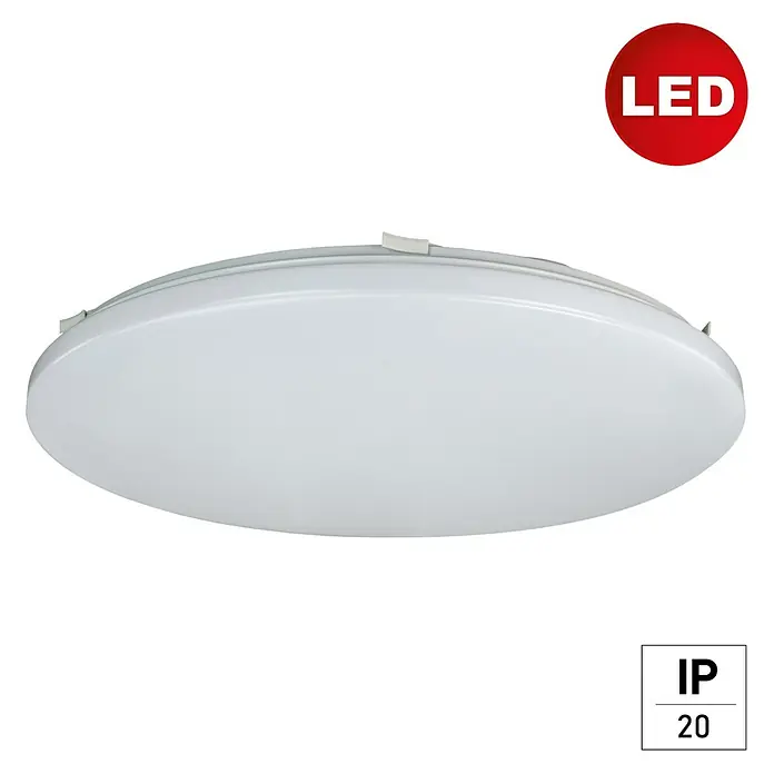E2 elektro LED-Wand- & Deckenleuchte rund White R - 36 W, Ø x H: 36 x 6,2 cm, Weiß, Kaltweiß - Nahaufnahme einer runden LED-Deckenleuchte mit weißem Gehäuse, die ein modernes und energieeffizientes Design zeigt.
