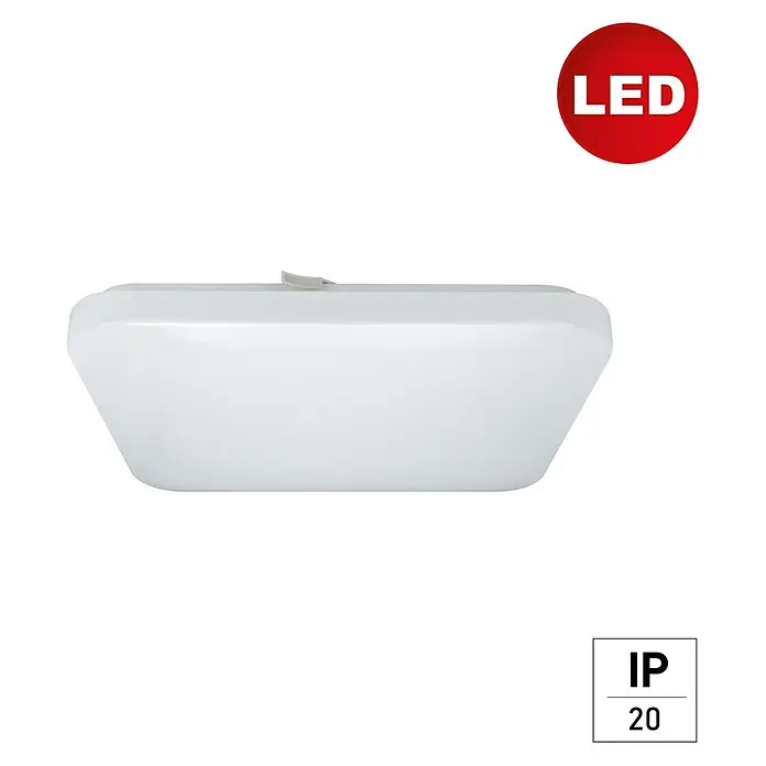 E2 elektro LED-Wand- & Deckenleuchte White Q - 24 W, L x B x H: 33 x 33 x 5,7 cm, Weiß, Weiß, Kaltweiß - Eine weiße LED-Deckenleuchte, quadratisch und modern, mit rotem LED-Logo und IP20-Schutzklasse.
