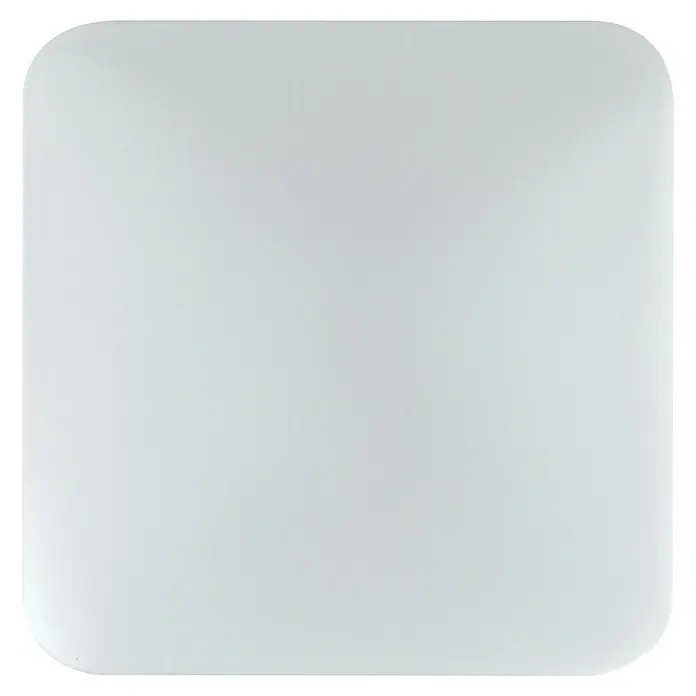 E2 elektro LED-Wand- & Deckenleuchte White Q - 24 W, L x B x H: 33 x 33 x 5,7 cm, Weiß, Weiß, Kaltweiß - Nahaufnahme eines weißen quadratischen WLAN-Zugangspunkts mit abgerundeten Ecken vor einem schwarzen Hintergrund.