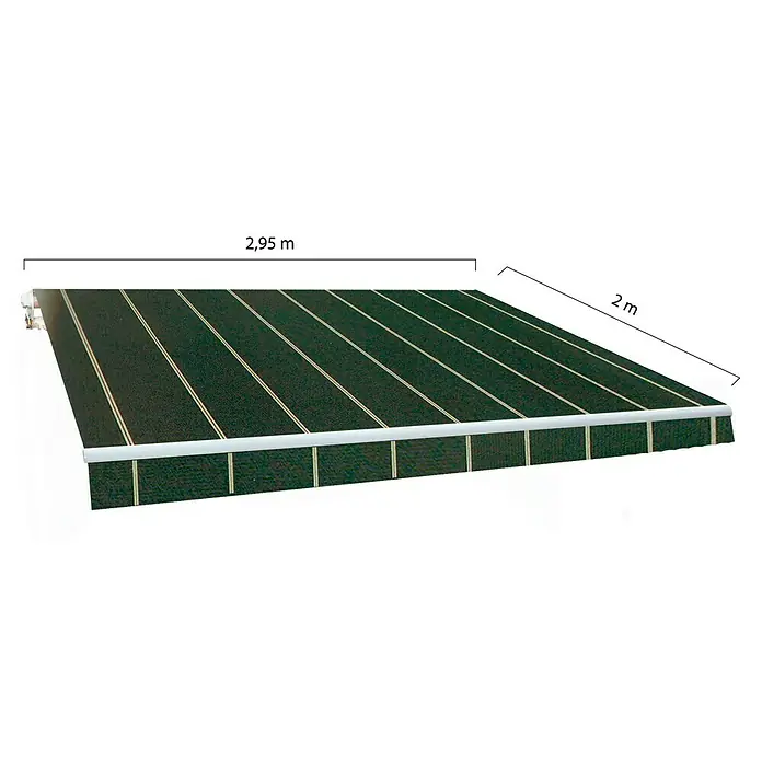 SmartSun Toldo de brazos extensibles Original Kit Acrílico - Gris oscuro, Ancho: 3 m, Caída: 2 m - Imagen de un toldo que mide 2,95 m de ancho y 2 m de profundidad. La tela verde a rayas ofrece una protección solar ideal.