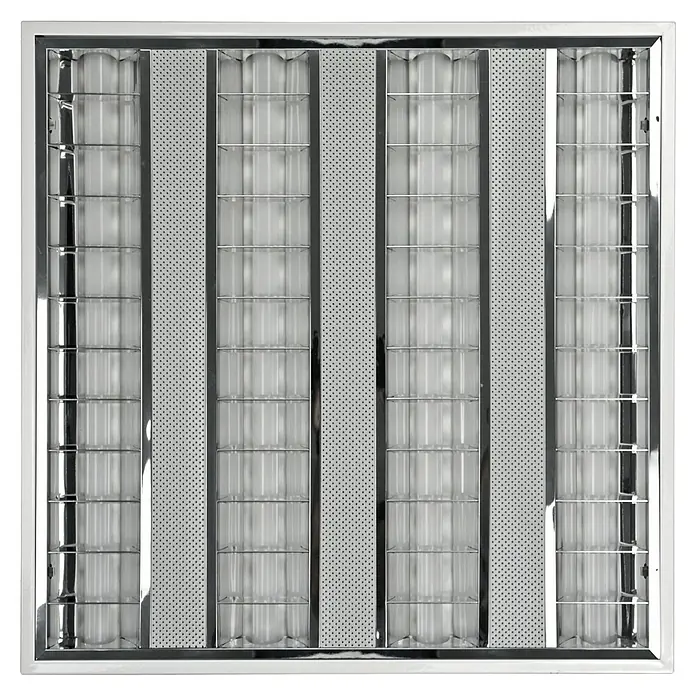 E2 elektro LED-Deckenleuchte Nostal - 42 W, L x B x H: 62 x 62 x 4 cm, Neutralweiß - Das Bild zeigt eine quadratische Rasterleuchte mit Chromrahmen und einem Muster aus perforierten Paneelen und Röhren.