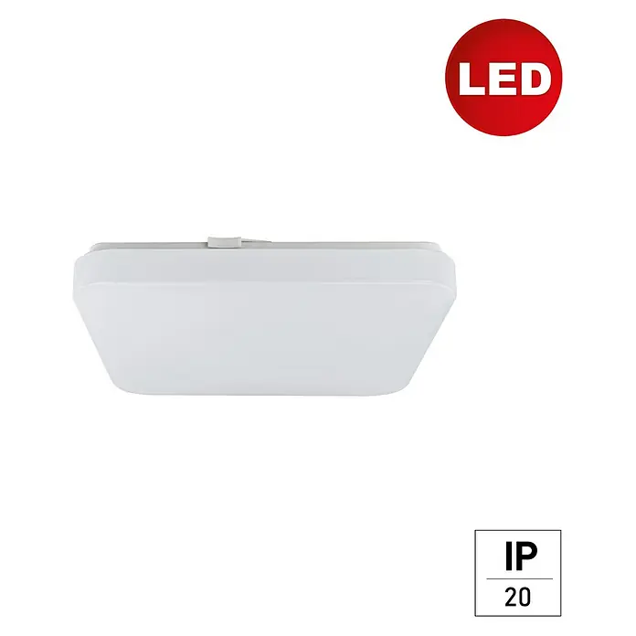 E2 elektro LED-Wand- & Deckenleuchte White Q - 18 W, L x B x H: 28 x 28 x 5,7 cm, Weiß, Weiß, Warmweiß - Nahaufnahme einer quadratischen LED-Deckenleuchte mit Schutzart IP20, ideal für Innenräume, die modernes Lichtdesign schätzen.