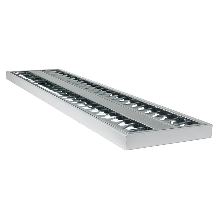 E2 elektro LED-Deckenleuchte Nostal - 42 W, L x B x H: 124,5 x 31,2 x 4 cm, Neutralweiß - Deckenleuchte mit zwei Reihen von Metallreflektoren in einem weißen Rahmen für eine effiziente Lichtverteilung im Raum.