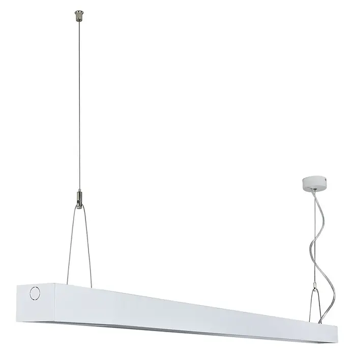 E2 elektro Lichtkanal Linearo - 220 V - 240 V, 50 W, Kaltweiß, L x B x H: 150 x 7,5 x 5,6 cm - Eine detaillierte Aufnahme einer modernen, länglichen LED-Deckenleuchte in Weiß, die von der Decke hängt.