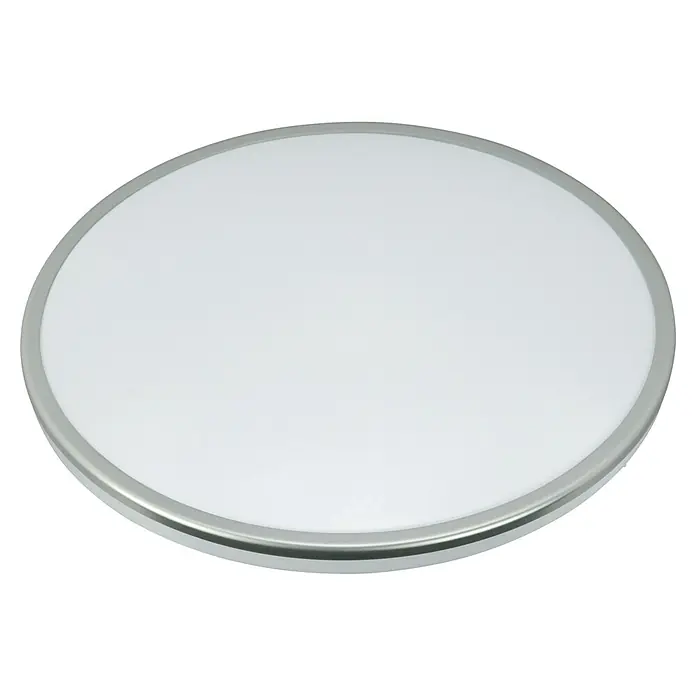 E2 elektro LED-Wand- & Deckenleuchte rund White Rite² - 18 W, Ø x H: 33 x 3,2 cm, Silber, Weiß, Tageslichtweiß - Nahaufnahme einer runden Deckenleuchte mit silbernem Rahmen und weißem Diffusor, ideal für moderne Innenräume und gleichmäßige Ausleuchtung.