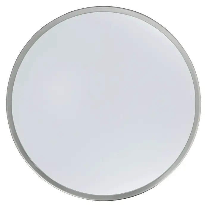 E2 elektro LED-Wand- & Deckenleuchte rund White Rite² - 18 W, Ø x H: 33 x 3,2 cm, Silber, Weiß, Tageslichtweiß - Nahaufnahme eines runden Spiegels mit silbernem Rahmen, der eine elegante und schlichte Ästhetik für jeden Raum bietet.
