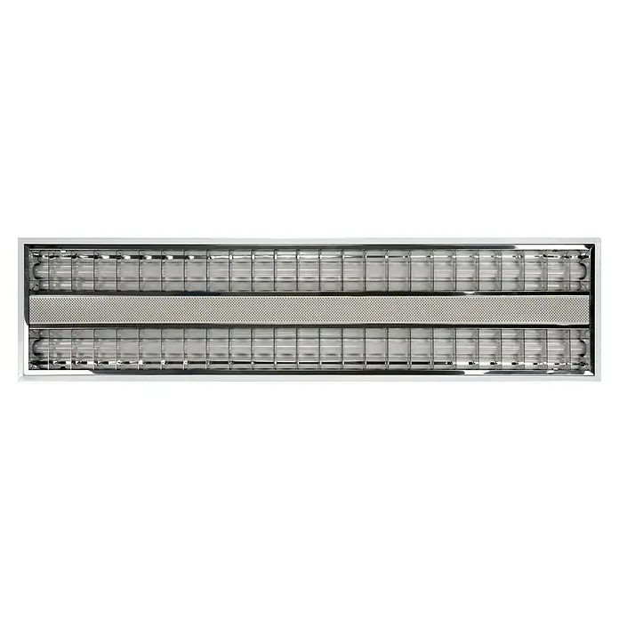 E2 elektro LED-Deckenleuchte Nostal - 42 W, L x B x H: 124,5 x 31,2 x 4 cm, Neutralweiß - Nahaufnahme einer modernen Bürolampe mit Rasterabdeckung und hellen Leuchtstoffröhren für eine gleichmäßige Ausleuchtung.