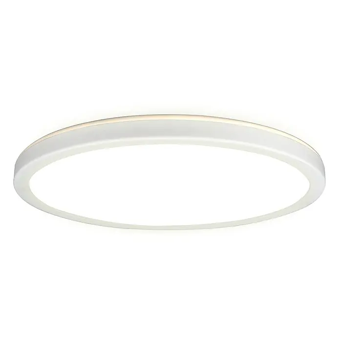 E2 elektro LED-Panel rund Twice Up & Down - Ø x H: 42 x 2,9 cm, Weiß, Warmweiß - Nahaufnahme einer runden, weißen LED-Deckenleuchte, die ein helles und effizientes Licht für jeden Raum bietet.\n