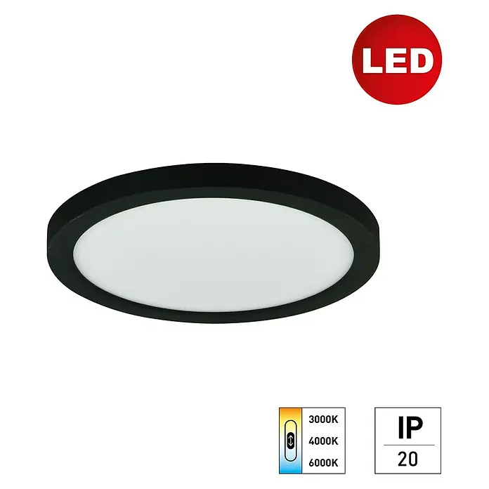 E2 elektro LED-Panel rund Space - 12 W, Ø x H: 22,5 x 1,7 cm, Schwarz, Warmweiß - LED-Deckenleuchte in Schwarz mit einstellbarer Farbtemperatur und IP20-Schutz für Innenräume.