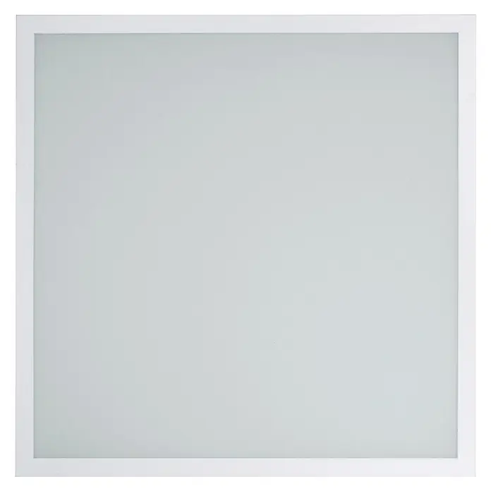 E2 elektro LED-Panel Square 625 Wifi - 40 W, L x B x H: 62 x 62 x 5 cm, Weiß, Warmweiß - Nahaufnahme eines flachen LED-Panels mit weißem Rahmen, ideal für moderne Büros und Wohnräume, die Wert auf energieeffiziente Beleuchtung legen.