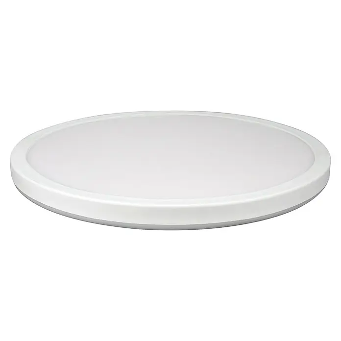 E2 elektro LED-Einbauleuchte R330 20W 3K IP54 - L x B x H: 330 x 330 x 29 mm, Weiß, Warmweiß - Naheaufnahme einer runden, weißen LED-Deckenleuchte, die ein modernes und schlichtes Design für die Innenbeleuchtung zeigt.