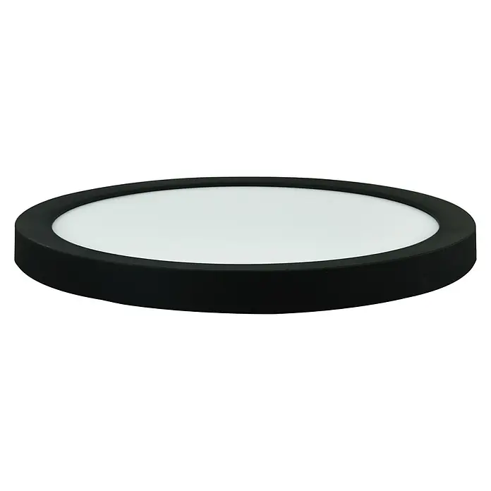 E2 elektro LED-Panel rund Space - 12 W, Ø x H: 22,5 x 1,7 cm, Schwarz, Warmweiß - Nahaufnahme einer runden LED-Deckenleuchte mit schwarzem Rahmen und weißem Licht.