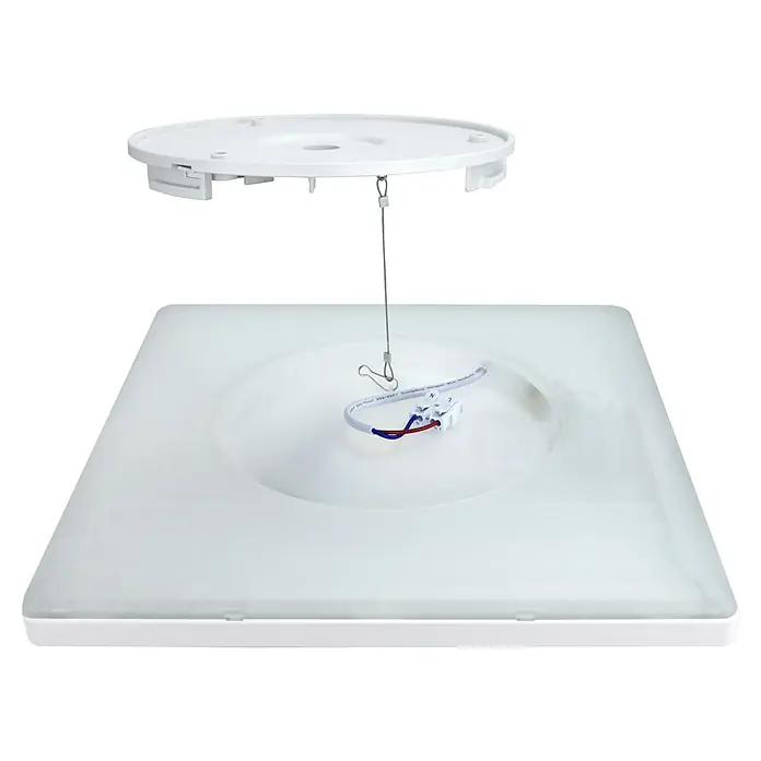 E2 elektro LED-Panel Twice Up & Down - 18 W, L x B x H: 30 x 30 x 2,9 cm, Weiß, Neutralweiß - Eine quadratische LED-Deckenleuchte in Weiß, die teilweise demontiert ist und ihre interne Verkabelung zeigt.
