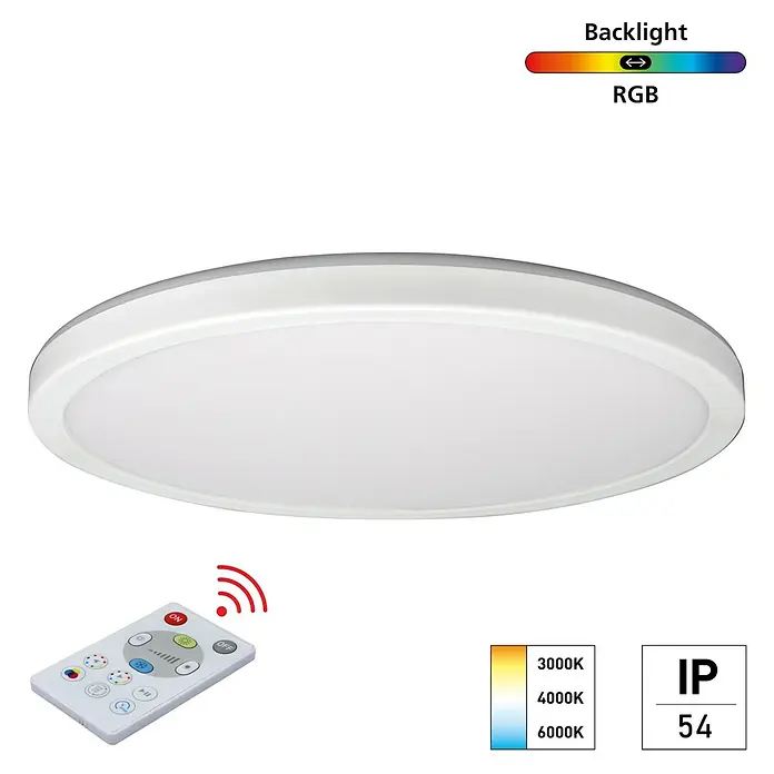 E2 elektro LED-Einbauleuchte RGB R420 24W dimmbar IP54 - L x B x H: 420 x 420 x 29 mm, Weiß, Warmweiß - Deckenleuchte mit Fernbedienung zur Einstellung von Farbtemperatur und RGB-Hintergrundbeleuchtung, Schutzart IP54.