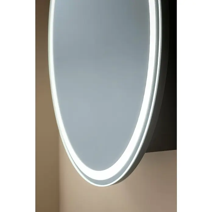 Camargue Point LED-Spiegelschrank - B x H: 74 x 74 cm, Holz, Anthrazit, DIN Anschlag: Rechts - Nahaufnahme eines runden LED-beleuchteten Spiegels, der an einer Wand befestigt ist und ein modernes, minimalistisches Design aufweist.