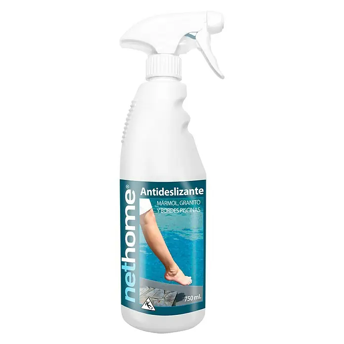 Antideslizante Mármoles y Terrazas - Rojizo - Imagen de un frasco de spray blanco con solución antideslizante para mármol, granito y bordes de piscinas, con el logo NetHome y 750 ml.
