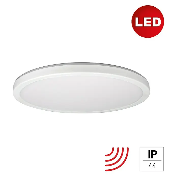 E2 elektro LED-Einbauleuchte R300 18W 3K Sensor - Weiß, Warmweiß - LED Deckenleuchte in Weiß mit IP44 Schutzklasse und Bewegungssensor für den Innenbereich.