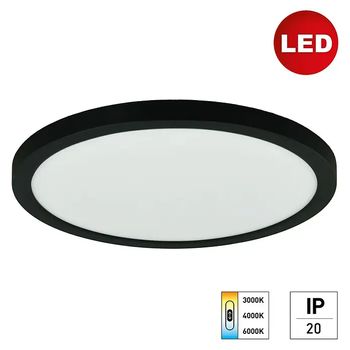 E2 elektro LED-Panel rund Space - 12 W, Ø x H: 30 x 1,7 cm, Schwarz, Warmweiß - Schwarze LED-Deckenleuchte mit Farbtemperaturwahl für flexible Beleuchtung in jedem Raum.