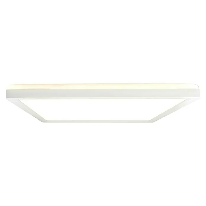 E2 elektro LED-Panel Twice Up & Down - 18 W, L x B x H: 30 x 30 x 2,9 cm, Weiß, Warmweiß - Diese Aufnahme zeigt eine moderne, quadratische Deckenleuchte mit einem hellen, diffusen Lichtpaneel und einem schlichten, weißen Rahmen.