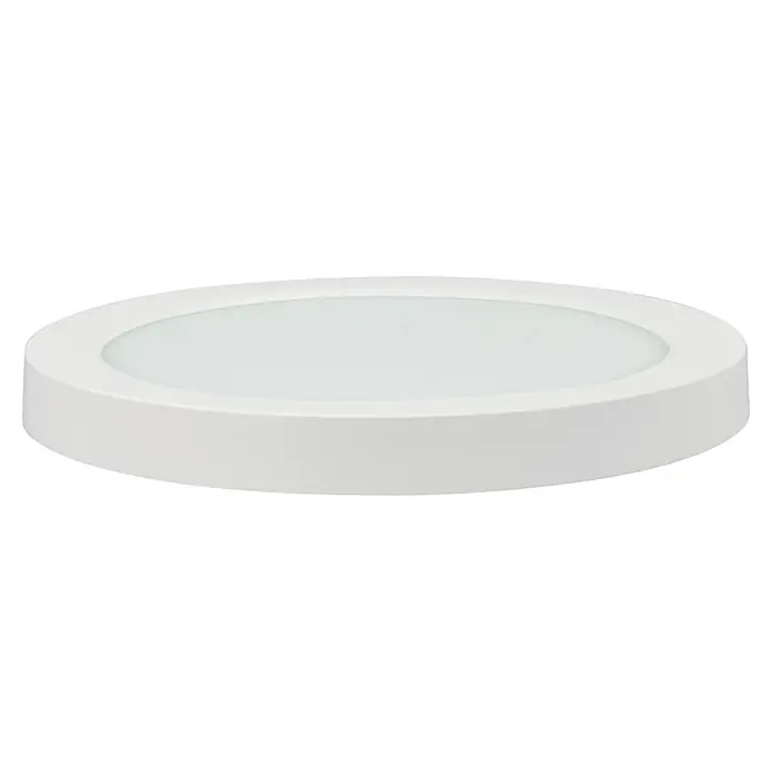 E2 elektro LED-Panel rund Space - 12 W, Ø x H: 17 x 1,7 cm, Weiß, Warmweiß - Nahaufnahme einer runden, weißen LED-Deckenleuchte. Das moderne Design sorgt für eine helle und gleichmäßige Ausleuchtung in jedem Raum.