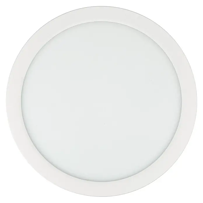 E2 elektro LED-Panel rund Space - 18 W, Ø x H: 22,5 x 1,7 cm, Weiß, Warmweiß - Nahaufnahme einer runden, weißen LED-Deckenleuchte. Das Licht ist sanft und gleichmäßig verteilt und sorgt für eine angenehme Atmosphäre.
