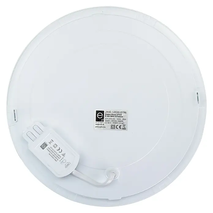 E2 elektro Einbaupanel Style R - 30 W, Ø x H: 30 x 3,1 cm, Weiß, Warmweiß, Innen - Nahaufnahme der Rückseite eines runden, dimmbaren LED-Einbaupanels mit technischen Details und Zertifizierungen.