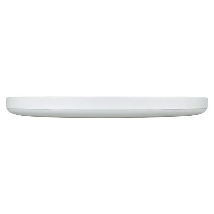 E2 elektro LED-Einbauleuchte R330 20W 3K IP54 - L x B x H: 330 x 330 x 29 mm, Weiß, Warmweiß - Nahaufnahme eines runden, flachen, weißen Produkts, möglicherweise eine Deckenleuchte oder ein Smart-Home-Gerät, mit einer sauberen, minimalistischen Ästhetik.