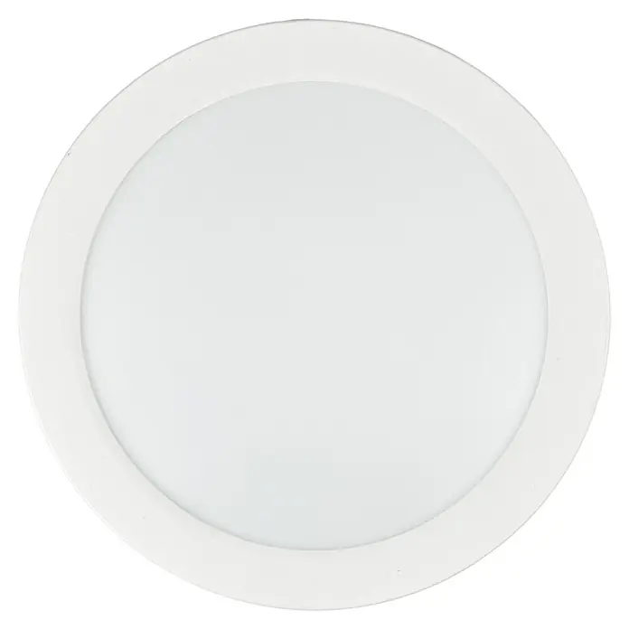E2 elektro LED-Panel rund Space - 12 W, Ø x H: 17 x 1,7 cm, Weiß, Warmweiß - Nahaufnahme einer runden, weißen LED-Deckenleuchte mit einem schlichten und modernen Design vor einem schwarzen Hintergrund.