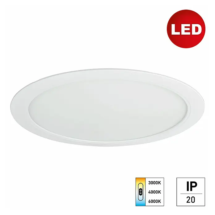 E2 elektro Einbaupanel Style R - 30 W, Ø x H: 30 x 3,1 cm, Weiß, Warmweiß, Innen - Nahaufnahme einer LED-Deckenleuchte mit einstellbarer Farbtemperatur und IP20-Schutz. Perfekt für moderne Innenräume.