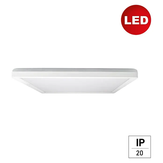 E2 elektro LED-Panel Twice Up & Down - 18 W, L x B x H: 30 x 30 x 2,9 cm, Weiß, Warmweiß - Nahaufnahme einer LED-Deckenleuchte in quadratischer Form, die ein modernes und energieeffizientes Design zeigt.