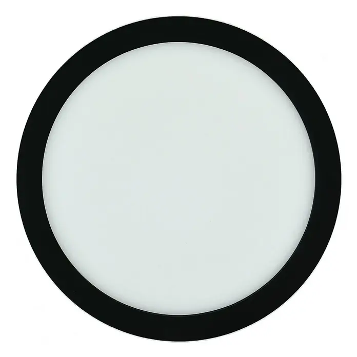 E2 elektro LED-Panel rund Space - 12 W, Ø x H: 22,5 x 1,7 cm, Schwarz, Warmweiß - Nahaufnahme einer runden LED-Deckenleuchte mit einem schwarzen Rahmen und einem hellen, diffusen Lichtpaneel.