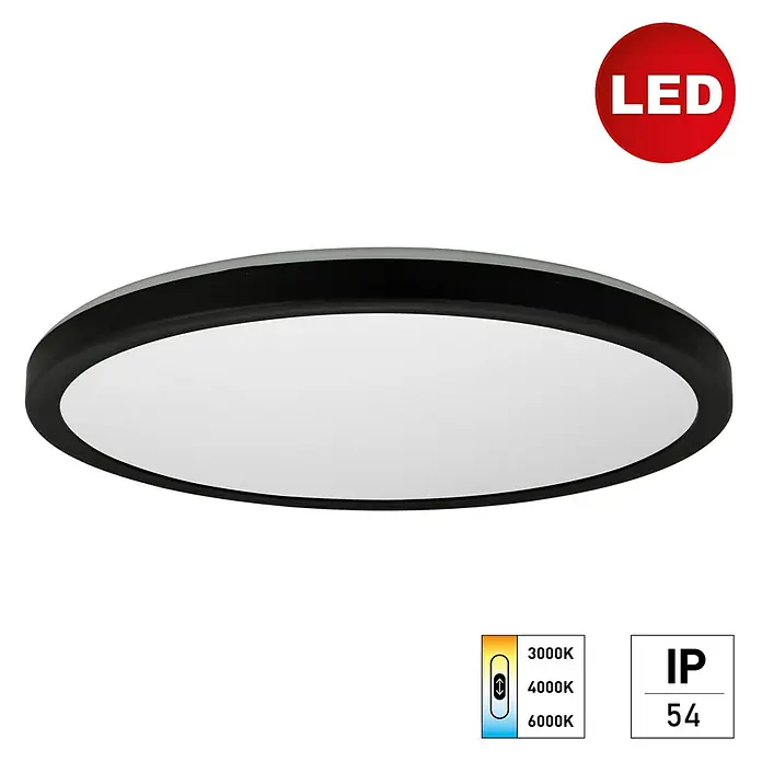 E2 elektro LED-Panel R420 24W CCT IP54 - 24 W, L x B x H: 420 x 420 x 29 mm, Schwarz, Kaltweiß - Abbildung einer runden LED-Deckenleuchte mit verstellbarer Farbtemperatur und der Schutzart IP54.