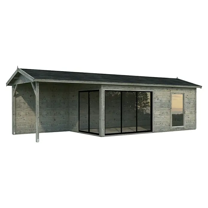Palmako Gartenhaus Amanda Slide - Außenmaß inkl. Dachüberstand (B x T): 917 x 340 cm, Tauchgrundiertes Holz, Grau - Eine moderne Gartenlaube mit überdachter Terrasse, großen Glasfronten und einem Fenster, ideal für Entspannung im Freien.