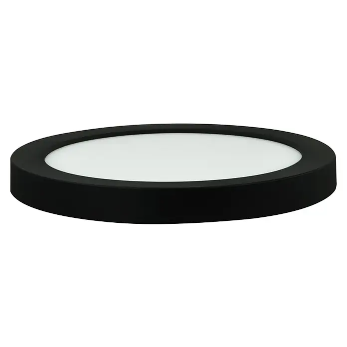 E2 elektro LED-Panel rund Space - 12 W, Ø x H: 17 x 1,7 cm, Schwarz, Warmweiß - Nahaufnahme einer runden Deckenleuchte mit einem schwarzen Rahmen und einer weißen, diffusen Lichtfläche, die für eine gleichmäßige Ausleuchtung sorgt.