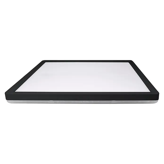 E2 elektro LED-Panel Q420 24W CCT IP54 - 24 W, L x B x H: 420 x 420 x 29 mm, Schwarz, Neutralweiß - Nahaufnahme einer LED-Flächenleuchte mit schwarzem Rahmen, ideal für gleichmäßige Ausleuchtung von Arbeitsbereichen.