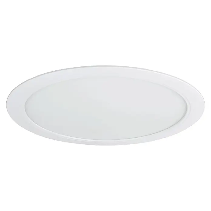 E2 elektro Einbaupanel Style R - 24 W, Ø x H: 30 x 3,1 cm, Weiß, Warmweiß, Innen - Nahaufnahme einer runden, weißen LED-Deckenleuchte mit einem schlichten, modernen Design, ideal für die Beleuchtung von Innenräumen.