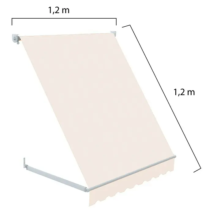SmartSun Toldo ventana Essential - Crudo, Ancho: 1,2 m, Caída: 1,2 m - Imagen de un toldo beige que está montado en una pared. Las dimensiones son 1,2 m x 1,2 m y proporciona protección solar.