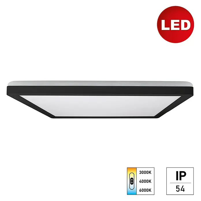E2 elektro LED-Panel Q420 24W CCT IP54 - 24 W, L x B x H: 420 x 420 x 29 mm, Schwarz, Neutralweiß - LED Deckenleuchte mit schwarzem Rahmen und einstellbarer Farbtemperatur (3000K, 4000K, 6000K) mit IP54 Schutz für Deckenmontage.