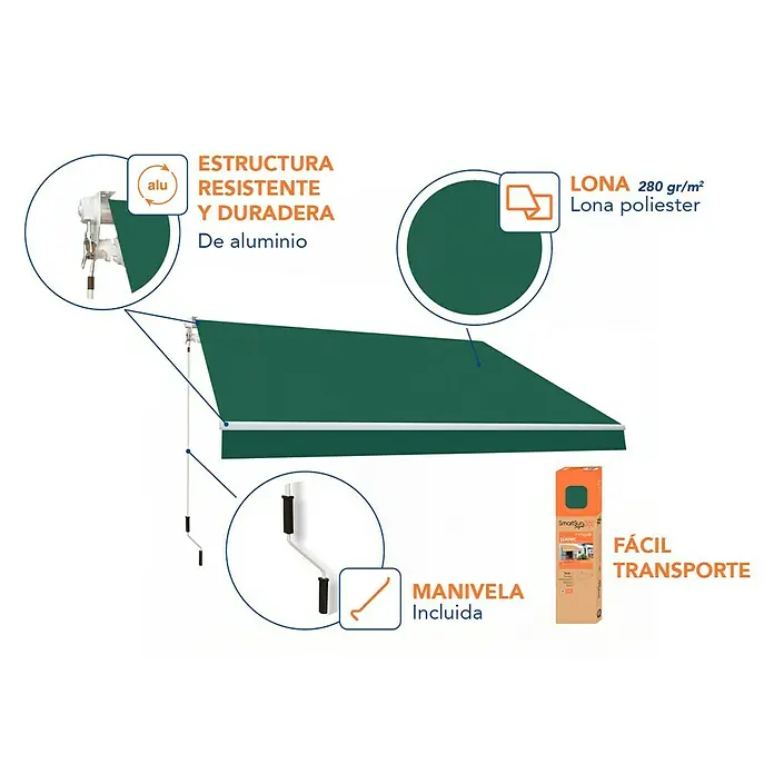 SmartSun Toldo de brazos extensibles Original Kit Poliéster - Verde, Ancho: 3 m, Caída: 2 m - Imagen de un producto SmartSun, que muestra una estructura de aluminio robusta y duradera con una lona de poliéster de 280 gr/m² y fácil transporte.