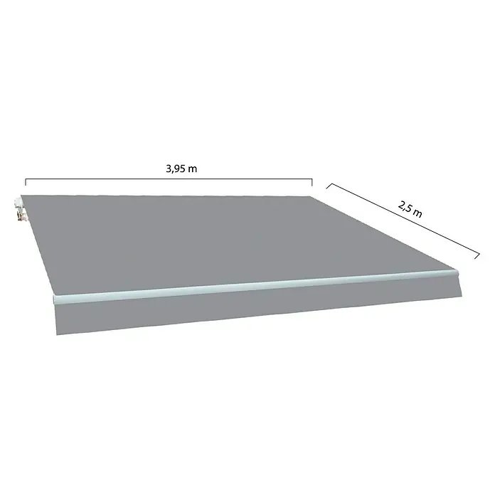 SmartSun Toldo de brazos extensibles Original Kit Acrílico - Gris, Ancho: 4 m, Caída: 2,5 m - Representación de un toldo gris con dimensiones de 3,95 m x 2,5 m.