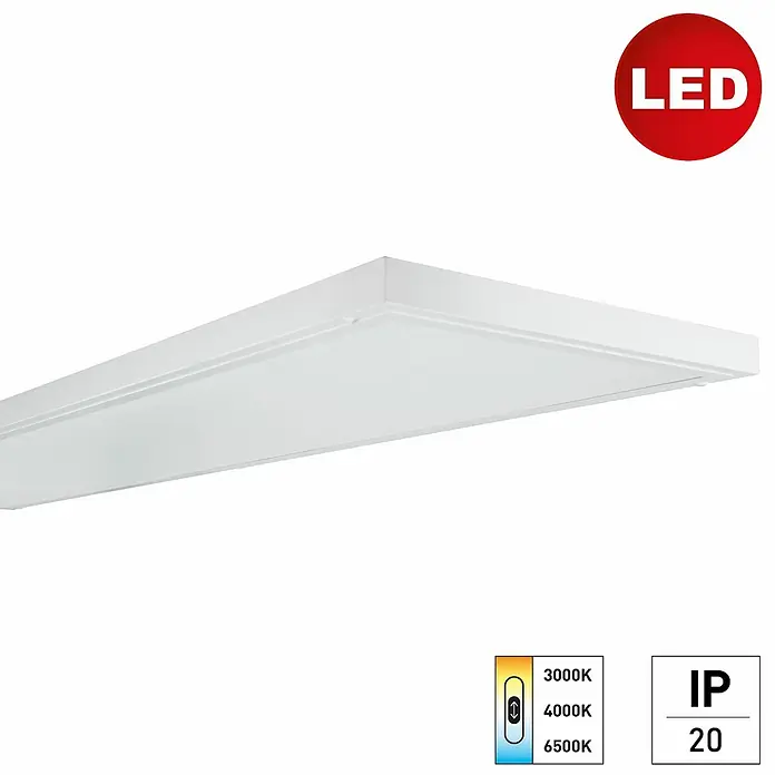 E2 elektro LED-Einbauleuchte Tajo - 36 W, L x B x H: 128,5 x 32 x 3 cm, Weiß, Warmweiß - LED-Deckenleuchte in Weiß mit Farbtemperaturwahl (3000K, 4000K, 6500K) und IP20-Schutz, ideal für Innenräume.